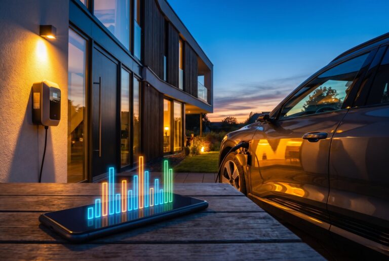 Elektroauto lädt an der Wallbox, Smartphone zeigt stündliche Strompreise – dynamischer Stromtarif
