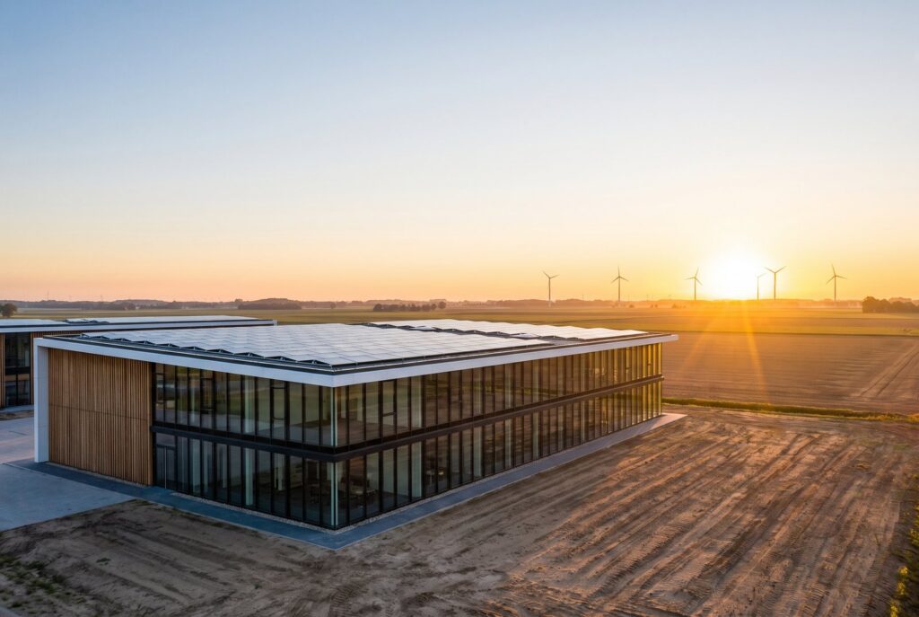 Modernes Gewerbegebäude mit Solardach in ländlicher Umgebung bei Sonnenaufgang