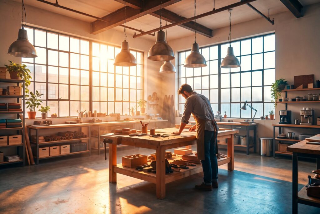 Handwerker in einer hellen Werkstatt – Gewerbestrom für kleine und mittlere Unternehmen