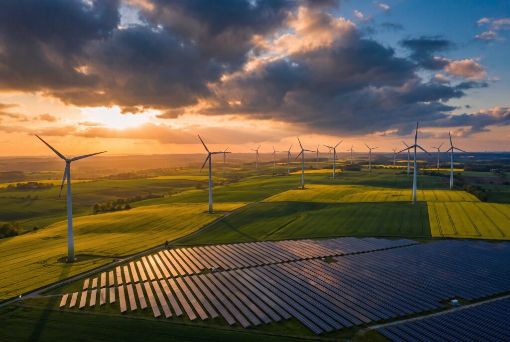 Windpark und Solarpark in Norddeutschland aus der Luft – Strom aus erneuerbaren Energien