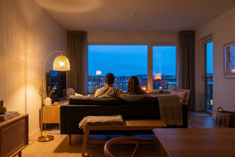 Paar im gemütlichen Wohnzimmer am Abend – Ökostrom für Zuhause