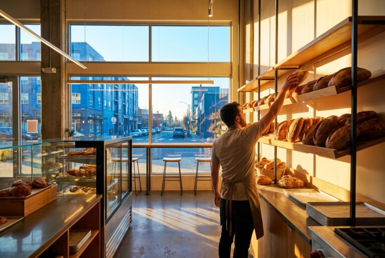 Bäcker in seiner Bäckerei am frühen Morgen – Stromanbieter wechseln als Gewerbebetrieb